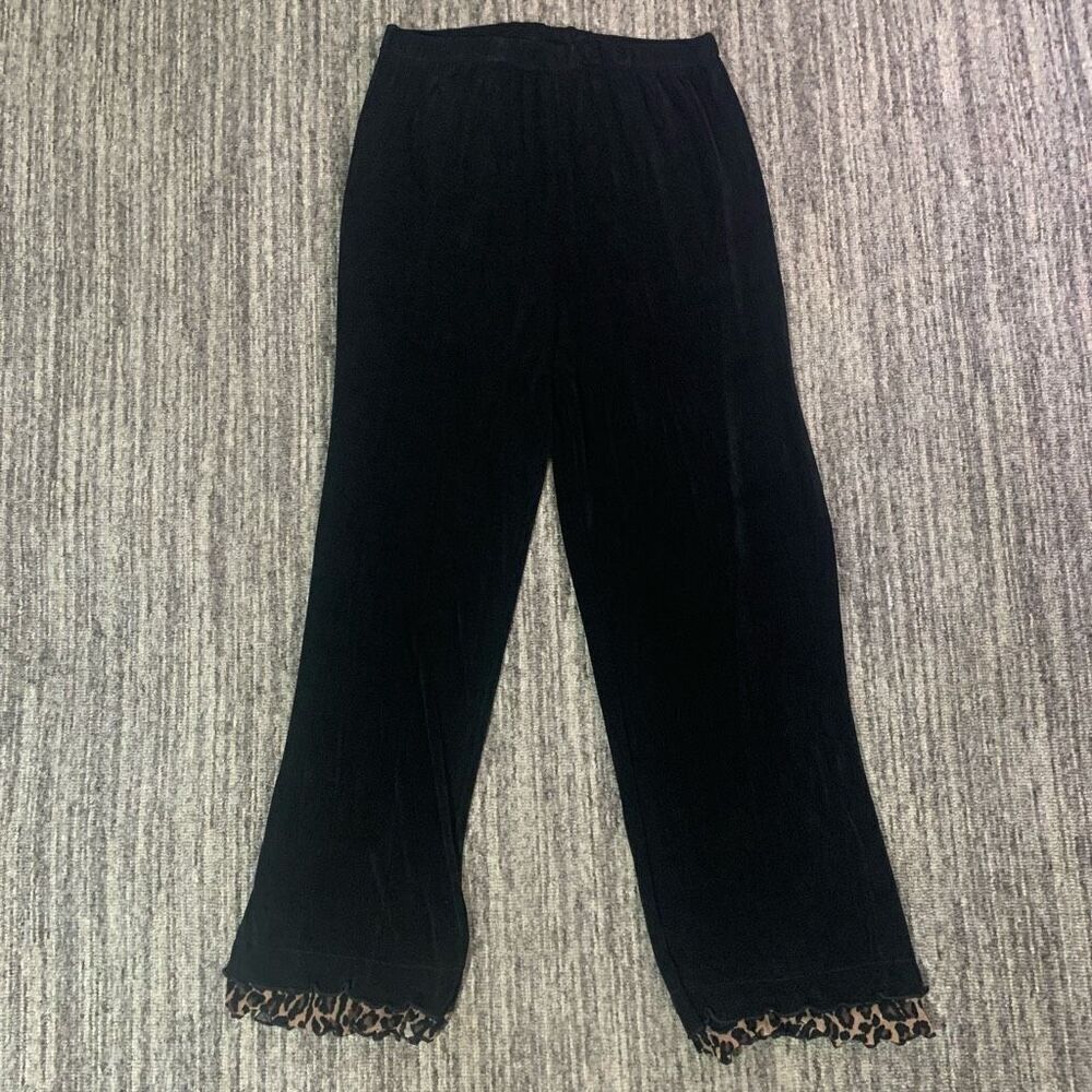 Womens Medium Pull On Pants Black Animal Print‎ Trim Stretch Made in USA NWOT